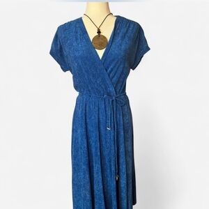 70s Vintage Blue Terry Tie Waist Dress Midi